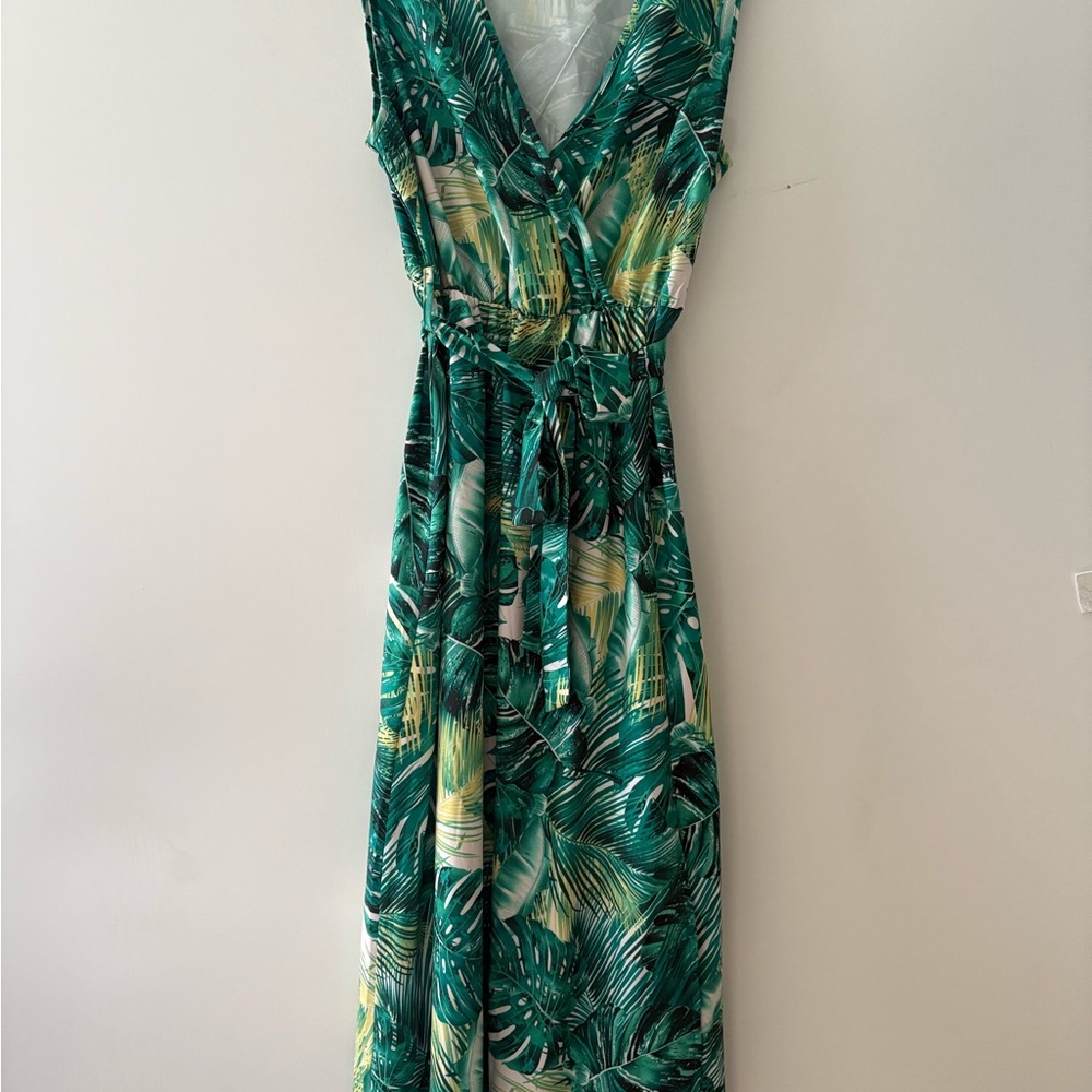 SHEIN Green Leaf Print Midi Dress